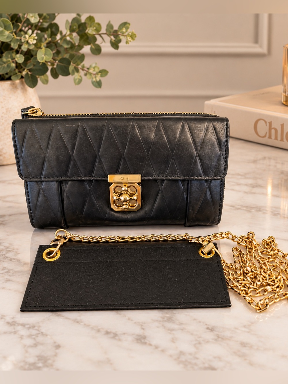 CHLOE Vintage Elise Black Leather Quilted Zip Around Wallet w Unbranded Chain